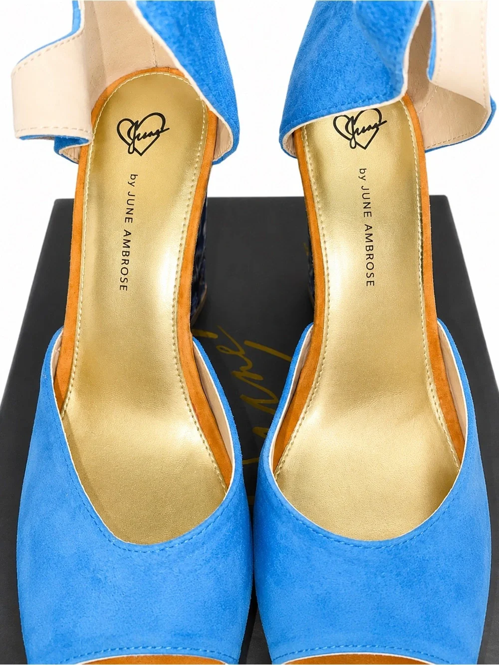 June Ambrose Blue Suede Floral Wedge Sandals Women’s 7.5W Genuine Leather